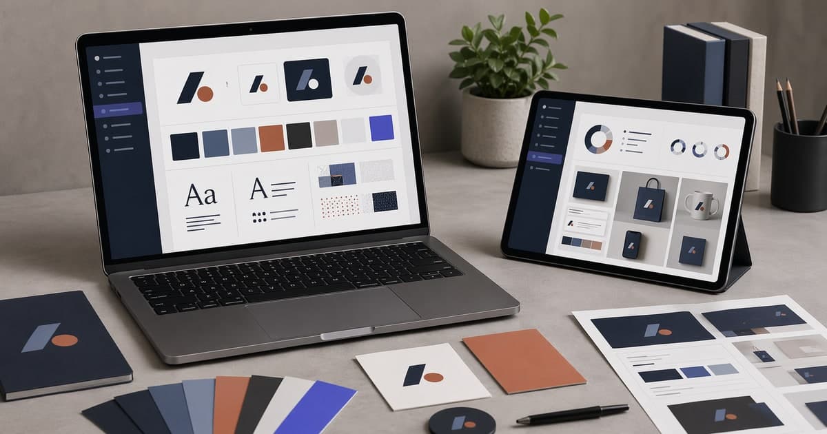 Different branding and design tools displayed on screens over a desk