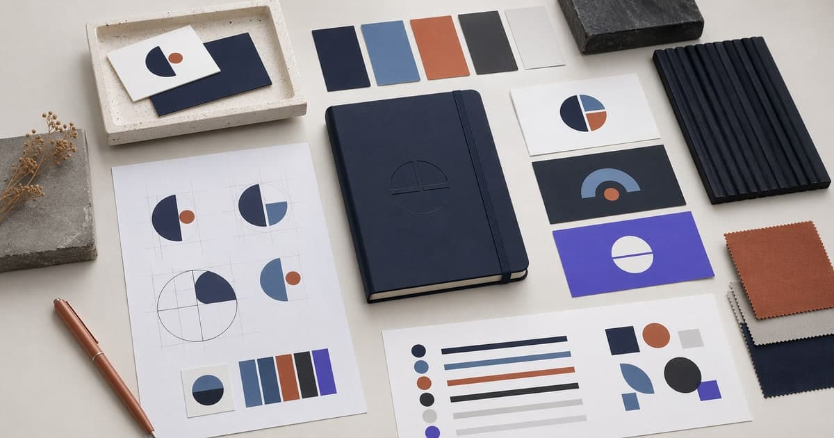 Branding elements such as logo, colors, and typography on a clean background